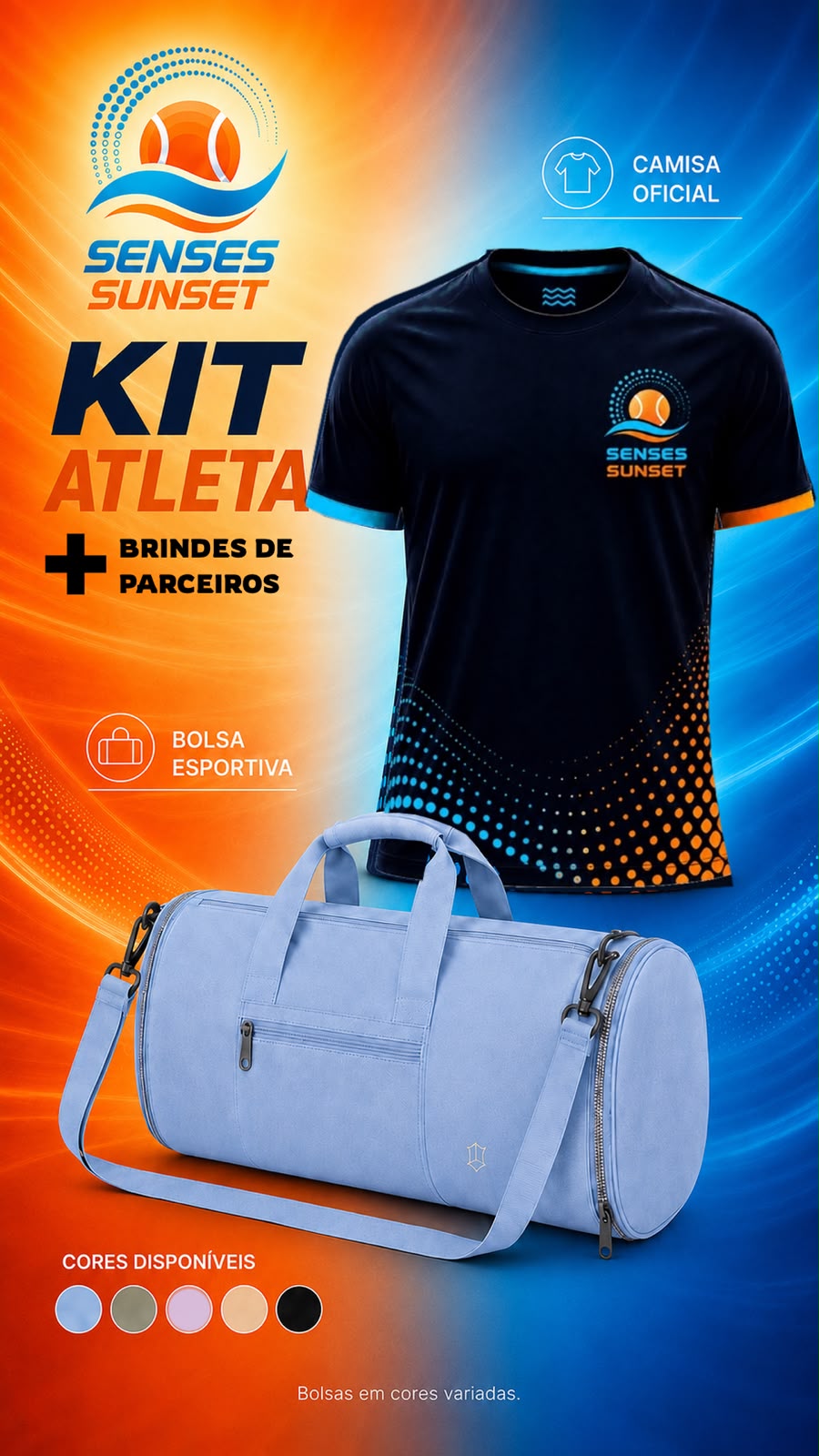 Kit Atleta Senses Sunset — camisa oficial, bolsa esportiva e brindes dos parceiros