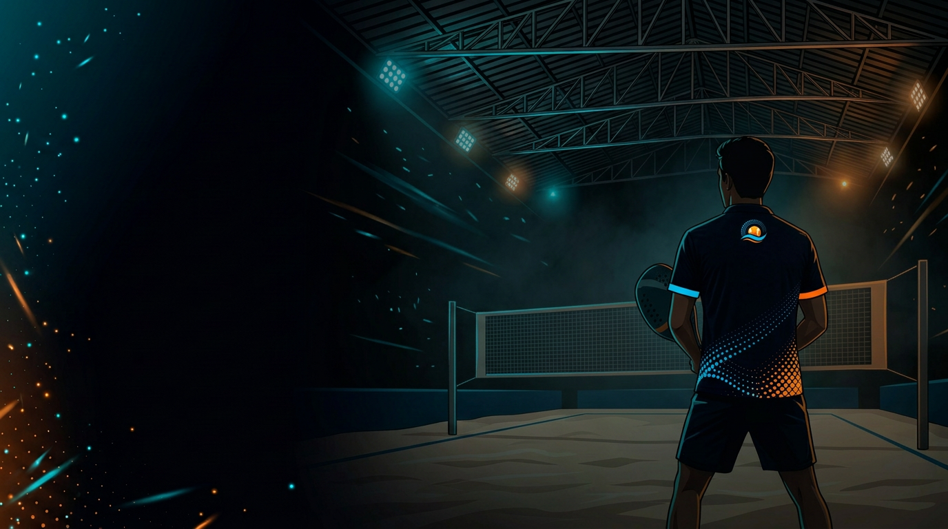 Ilustração de atleta de beach tennis em quadra coberta com a camisa oficial do Senses Sunset